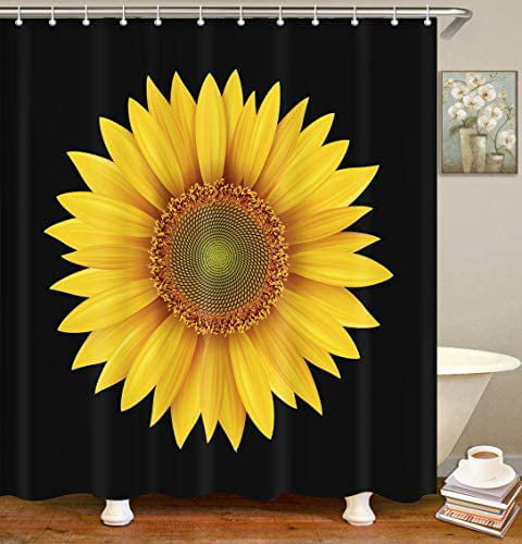 Sunflower Printing Polyester Waterproof Bathroom Fabric Shower Curtain 12 Hook 