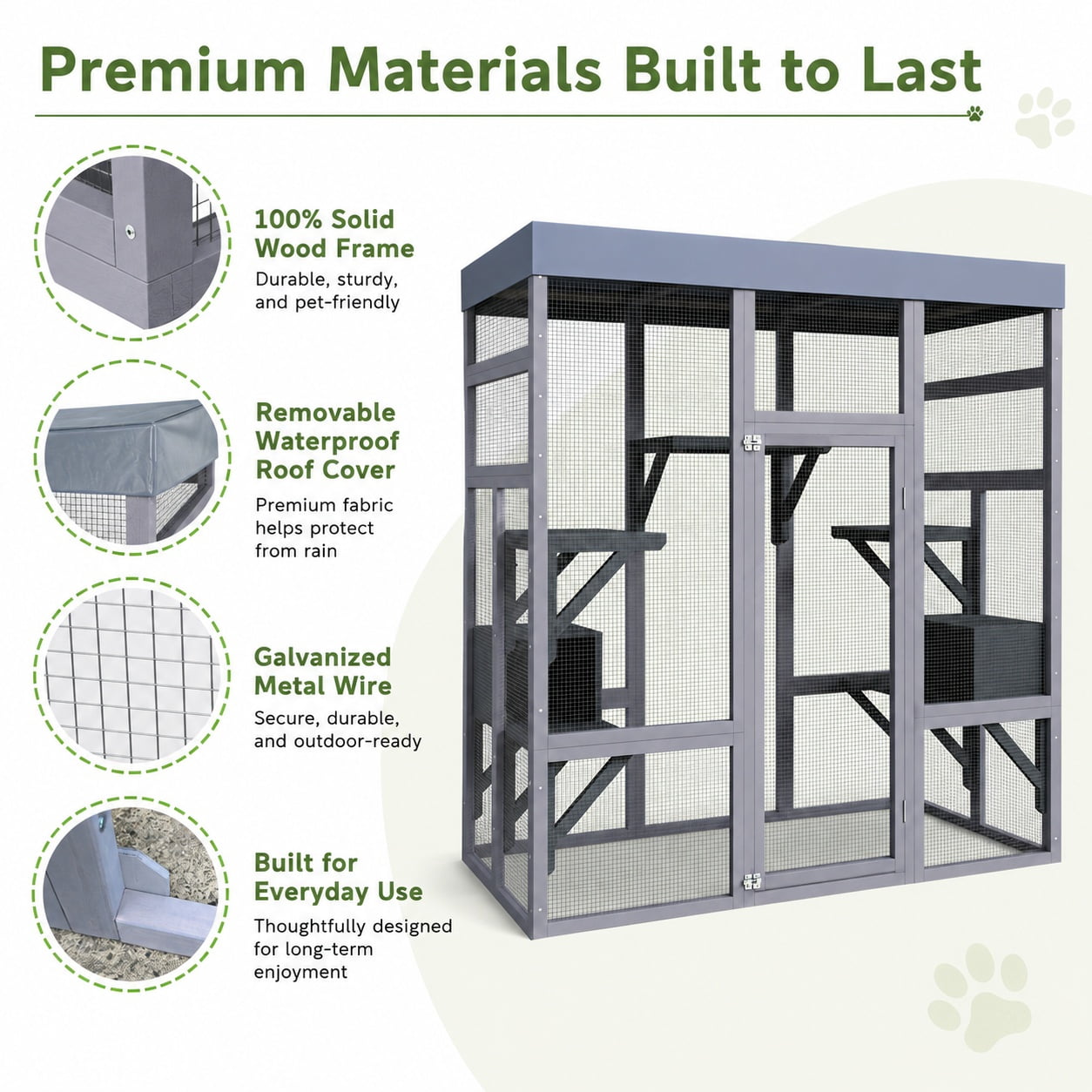 Aukfa 70"H Wooden Outdoor Cat Catio with Waterproof Roof, Large Cat Enclosure for Multiple Cats,Gray