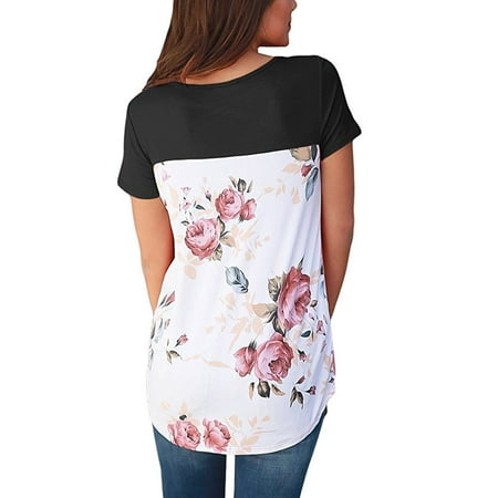 Criss Cross Tie Back - Women Casual Floral Print Back Short Sleeve Criss Cross V Neck Blouse Tops