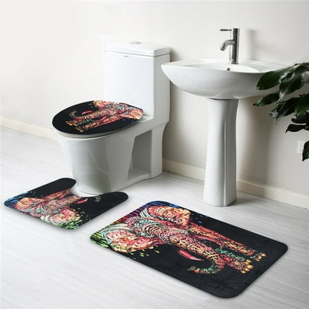 Xmas Door Mats 3Pcs/Set Bathroom Toilet Lid Cover + Floor Pedestal Rug + Non-slip Pad Bath Mat Doormat Carpet Africa Elephant Home Decor Christmas Gift ()