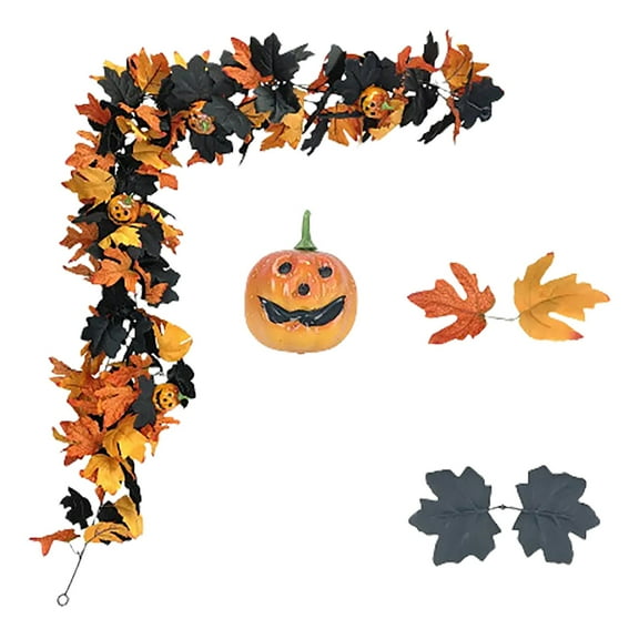 MInHoues 5.7 FT Fall Maple Leaf Halloween Garland, Orange Black Foliage with Small Pumpkins, Flexible Artificial Vine for Fireplace Door Wall Harvest Party Decor