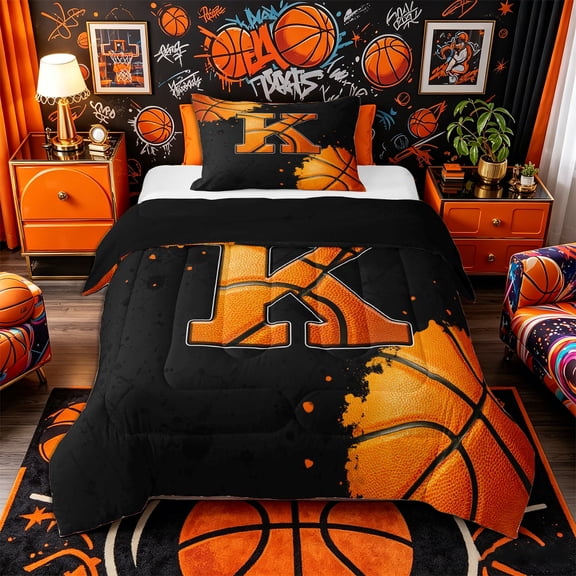 Castle Fairy Orange Basketball Initial K Twin Comforter Sets 2pcs, Abstract Watercolor Splash Bedding Set, Black Orange,Black Reversible,1 Comforter and 1 Pillowcase