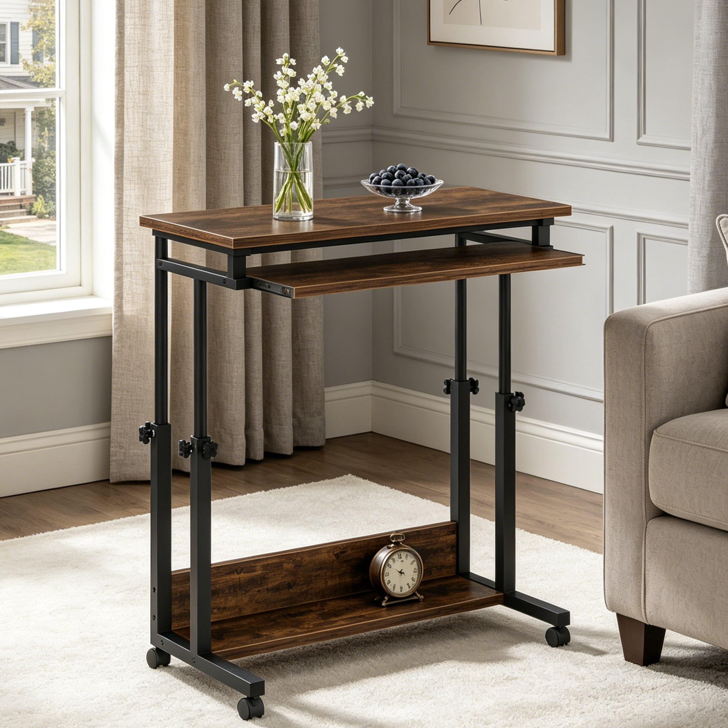 Fnova Height-Adjustable Desk with Wheels, Rolling Computer Cart with Keyboard Tray, Portable Laptop Small Standing Desk for Sofa, Bed, Home Office