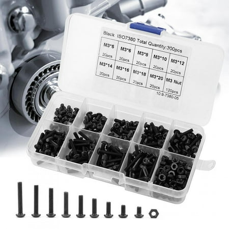 

EECOO 300pcs M3 Black 10.9 Grade Button Head Hex Socket Screw Bolt Nut Assortment Kit