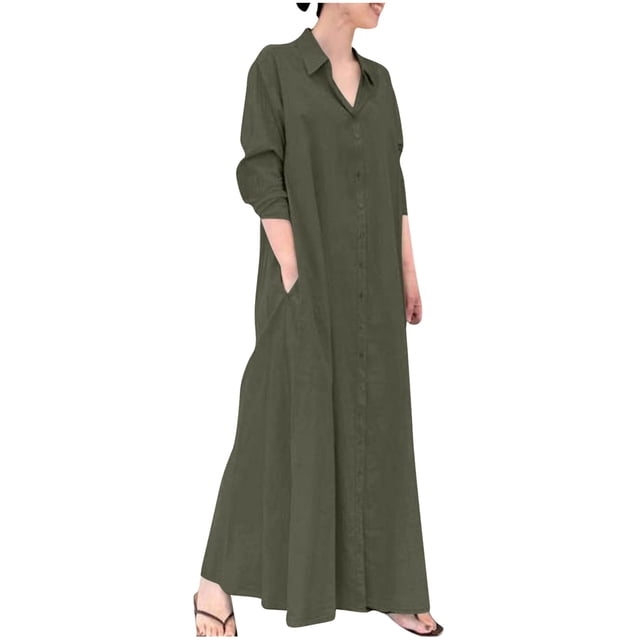 AherBiu Robe Boutonnée pour Femme, Col à Revers, Col en V, Manches Longues, Tenue de Bureau Décontractée, Maxi, avec Poches