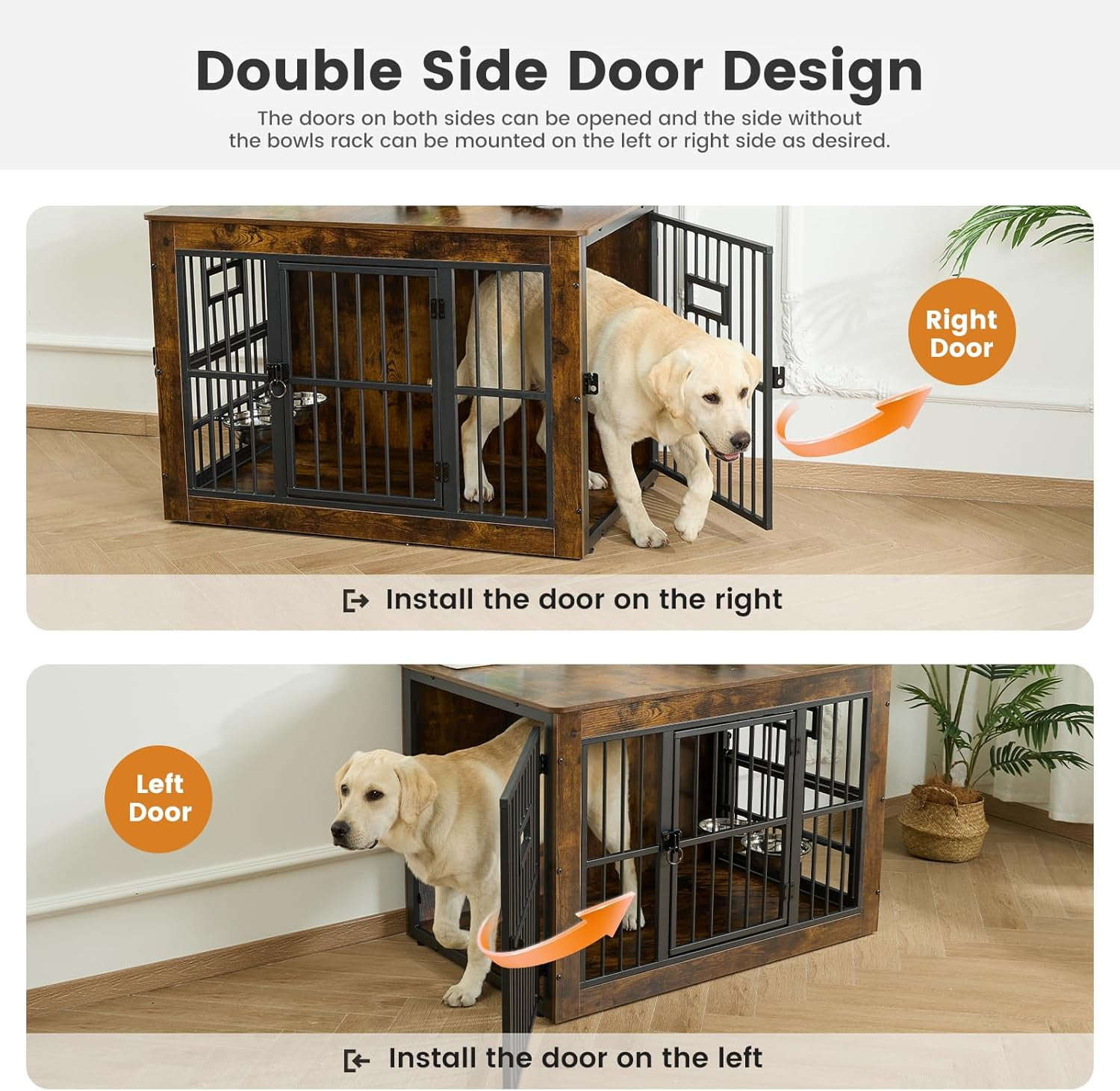 Nomipaw Wooden Dog Crate Furniture,Double-Doors Kennel Indoor for Small or Medium Dogs,Dog Cage Table with Steel Lock & Waterproof Top,Brown With Dog Bowls