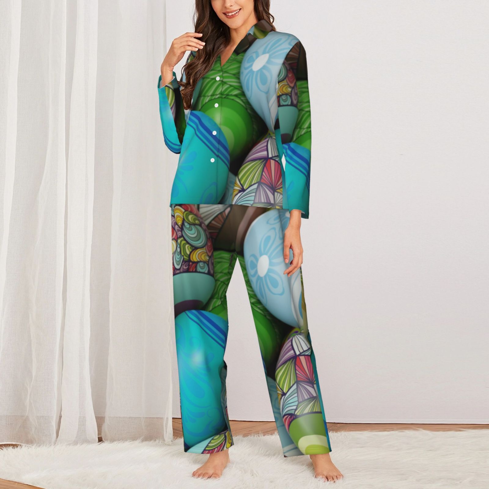 Disketp Pajamas Set Long Sleeve Sleepwear Womens Button Down Nightwear ...