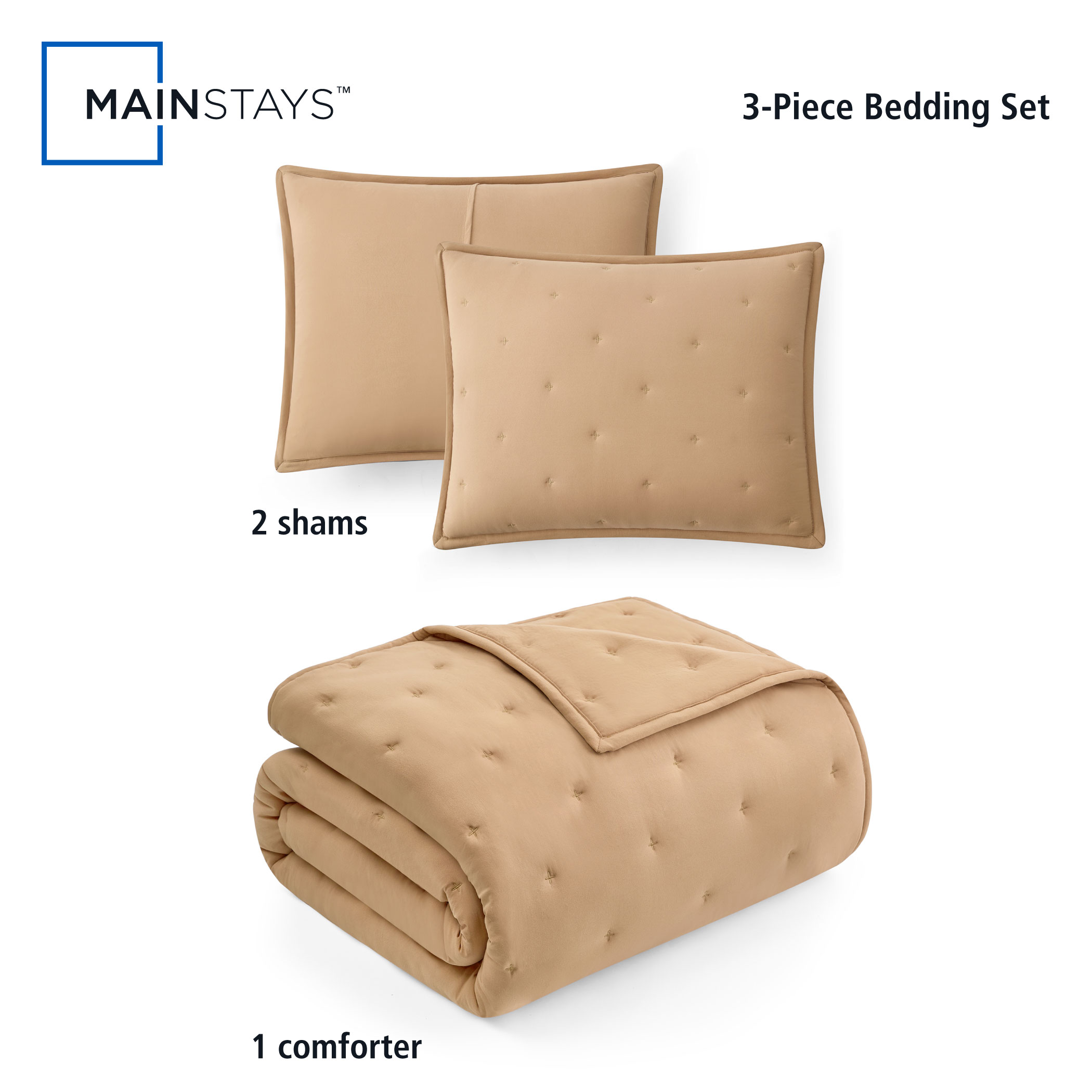 Mainstays Full/Queen Comforter Set, Soft Lightweight & All Season, 3-Piece, Fatigue Tan