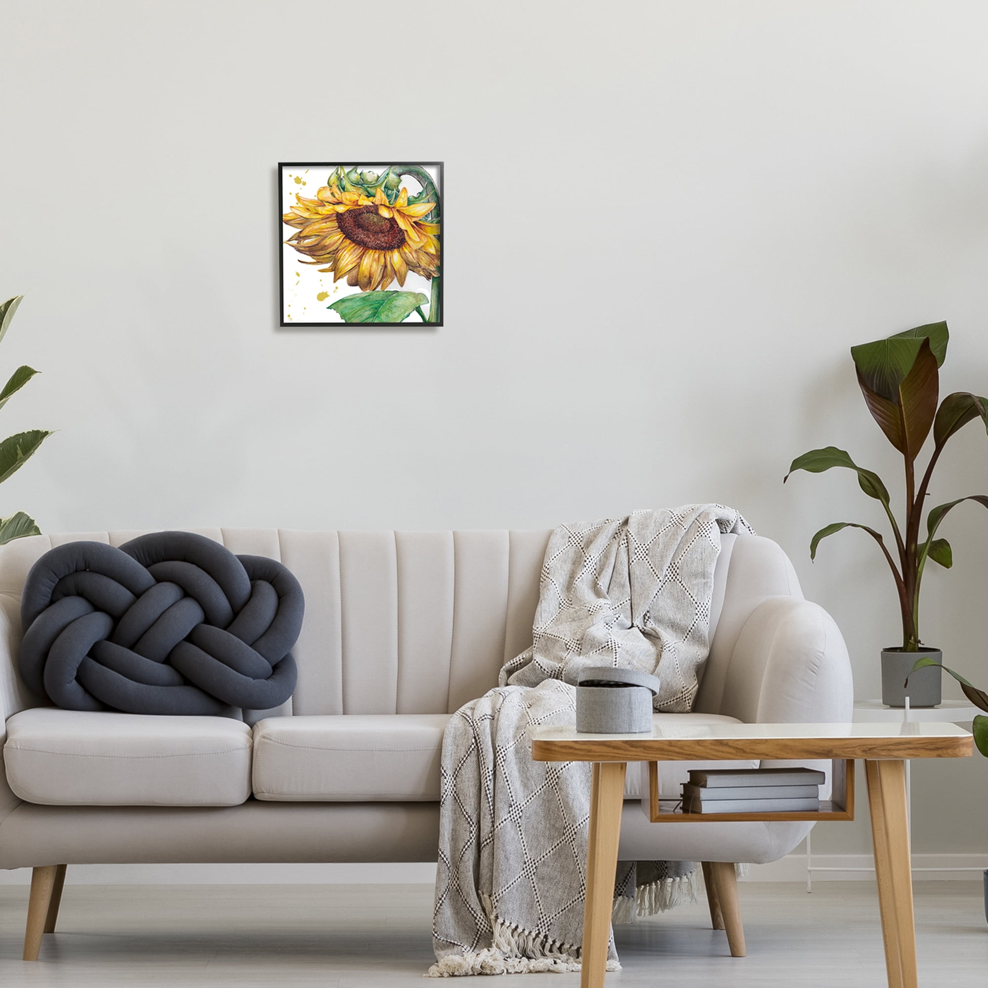 Stupell Industries Sunflower with Paint Splatter Botanical & Floral Painting Black Framed Art Print Wall Art, 12 x 12