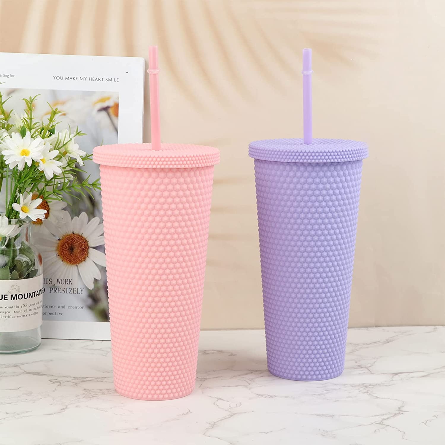 24 oz Studded Tumbler with Straw,Casewin Plastic Studded Tumbler Cup,Matte  Cups with lids and Straws,Iridescent, Matte and Multi Colored,with Lid and  Straw,Reusable, Suitable for Cold Drinks 