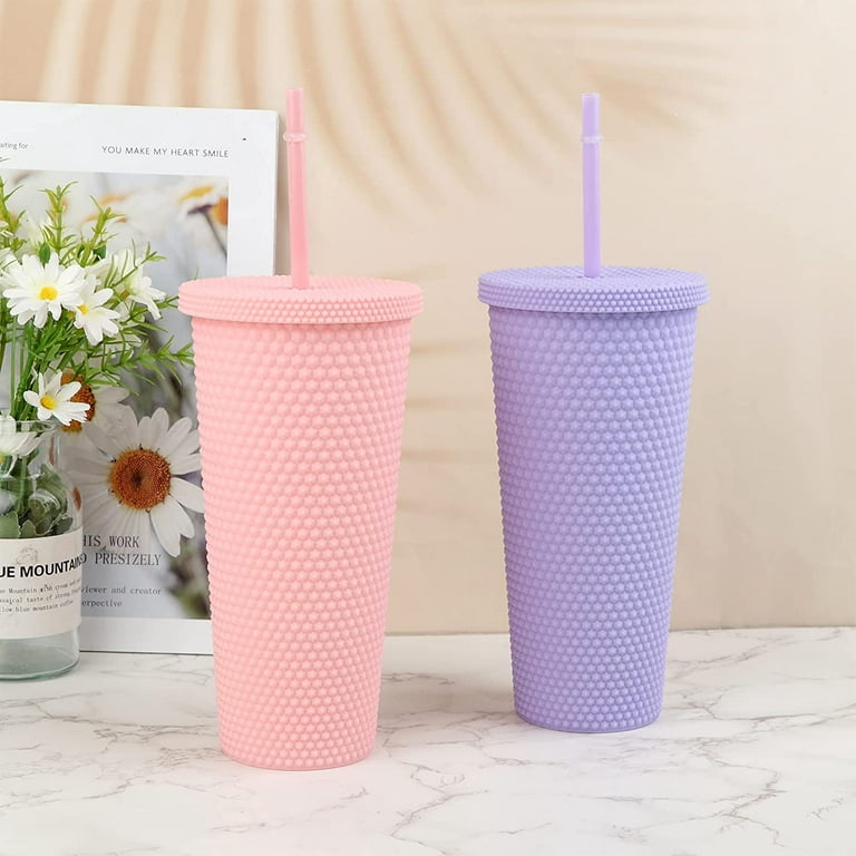 Matte Studded Cups,Casewin 24oz Studded Double Wall Plastic Tumblers with  Straw,BPA FREE,Insulated Cold Water Cups with Leakproof Lids and Straw,DIY  Reusable Large Coffee Tumblers,Birthday Gifts 