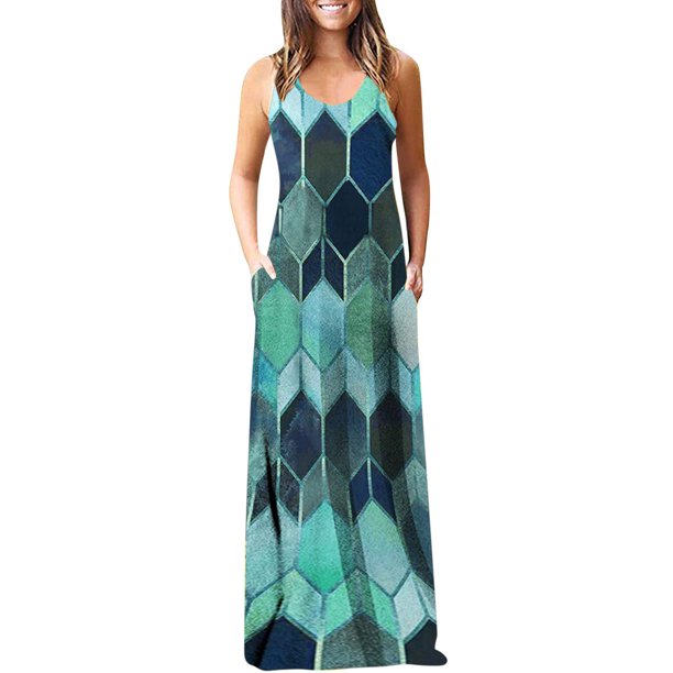 Ruziyoog Ruziyoog Casual Dresses For Women Women Casual Plus Size Print O Neck Pockets Sleeveless Maxi Long Dress Mint Green M Walmart Com Walmart Com