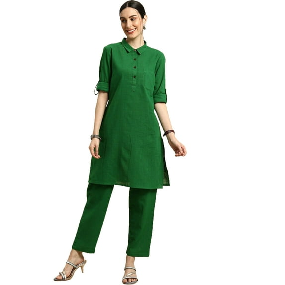 eloria Women's Fashion Solid Collared Neck Design Kurti WithTrouser, Fabric : Cotton, Color : Green, Size : Medium