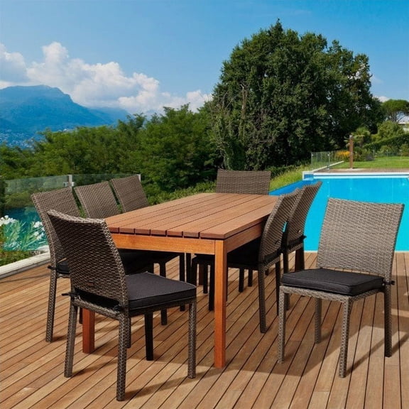 Lynwood 9-Piece Eucalyptus/Wicker Patio Dining Set w/Grey Cushions, Seating Capacity: 8