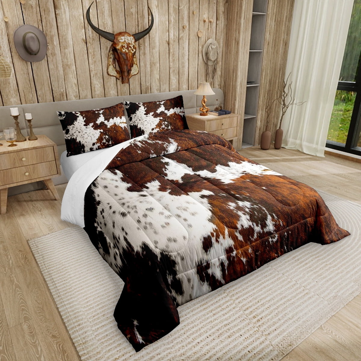 Milk Cow Print Full Comforter Set for Men,Black Brown Cowhide Western Bedding,Farmhouse Rustic Animal Skin Down Comforter,Bull Cattle Wildlife Quilt Cowboy Bohemian Exotic Decor