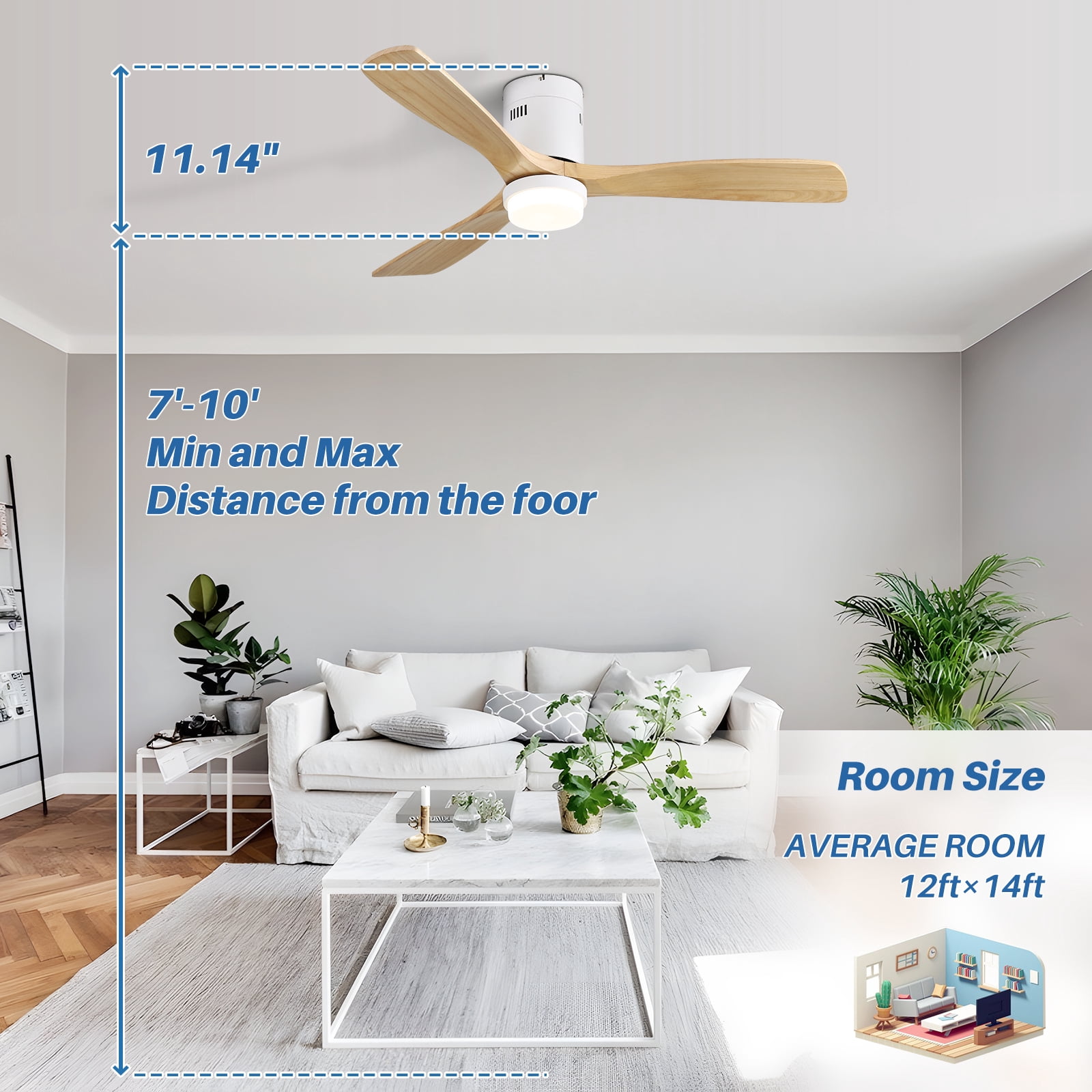 Sofucor 52" Flush Mount Cool Ceiling Fans with Dimmable Light and Remote Control, 3 Light Brown Blades