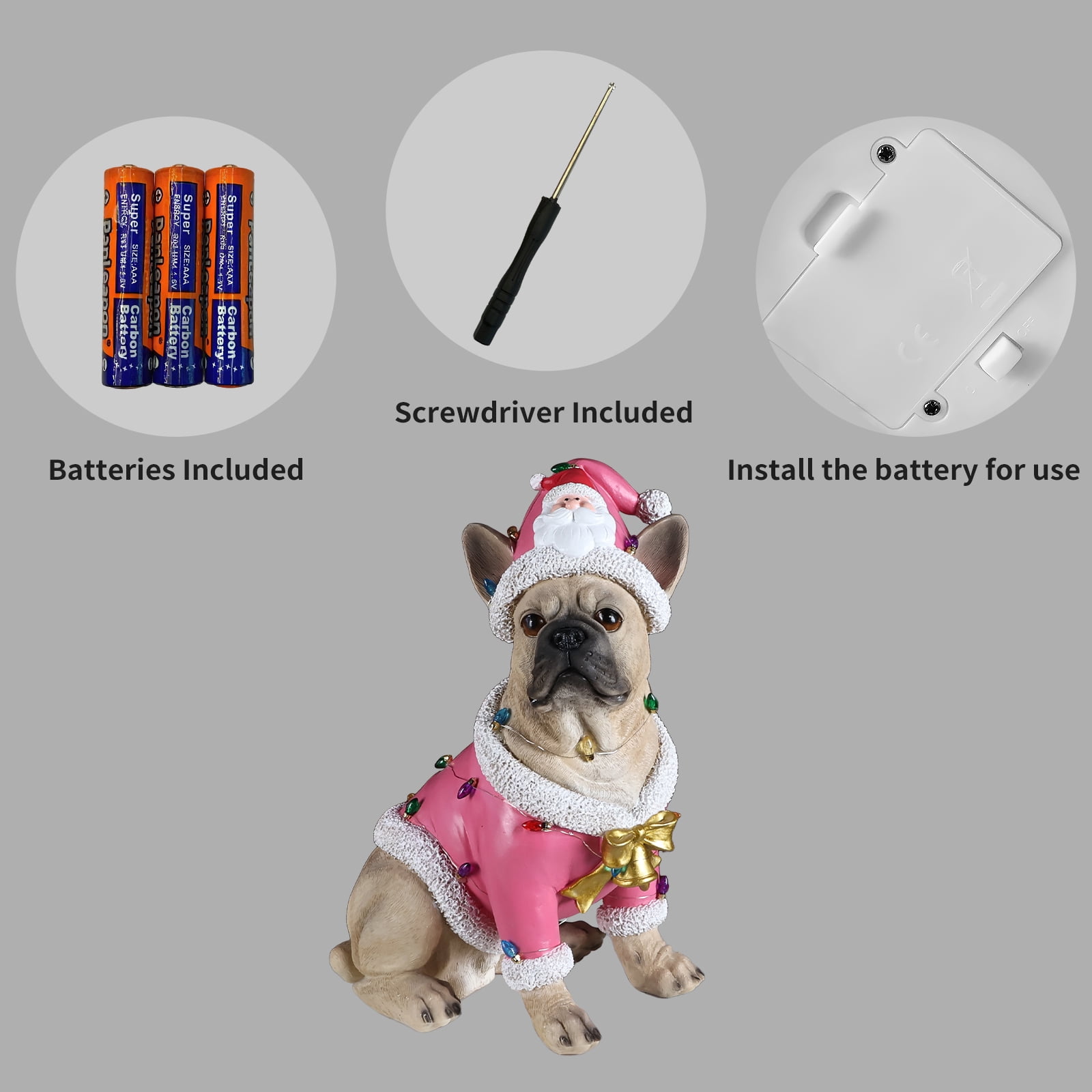 French Bulldog Pink Santa Outfit Christmas Dog Statue with Gold Bow Holiday Tabletop Decor