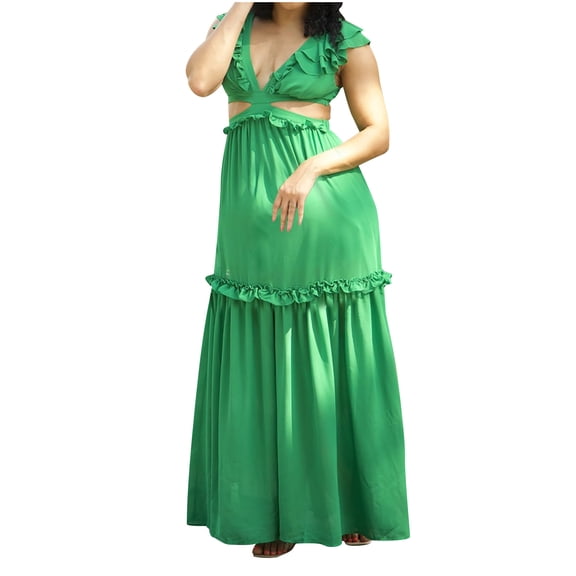 Dyegold Sundresses for Women Casual Beach - Plus Size Dress Womens Sexy V Neck Sleeveless Ruffle Solid Color Tiered Maxi Sundress ​Swing Flowy A-line ​Party ​Dress