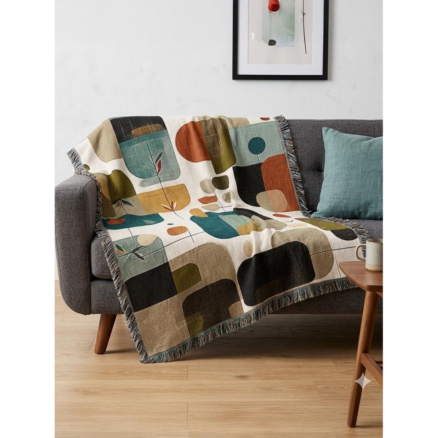 Abstract Linen Shapes Woven Throw Blanket Cotton with Fringed Edges for Sofa Accent