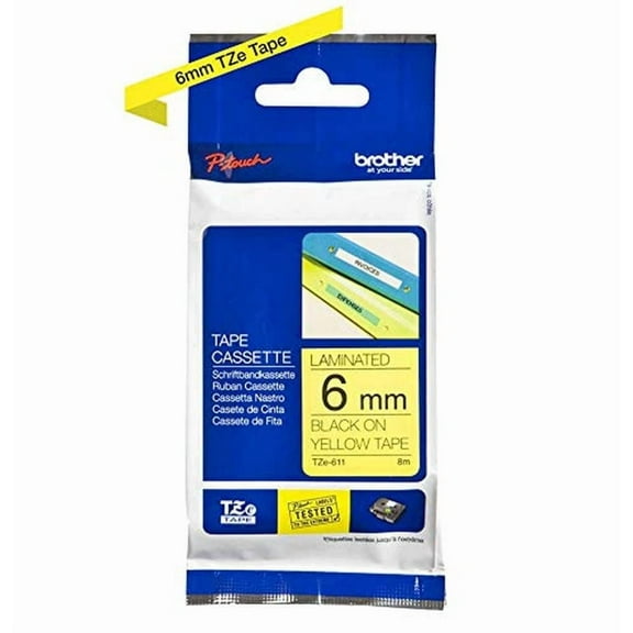 Brother TZe-611 Labelling Tape Cassette, 6 mm (W) x 8 m (L), Laminated, Brother Genuine Supplies - Black on Yellow