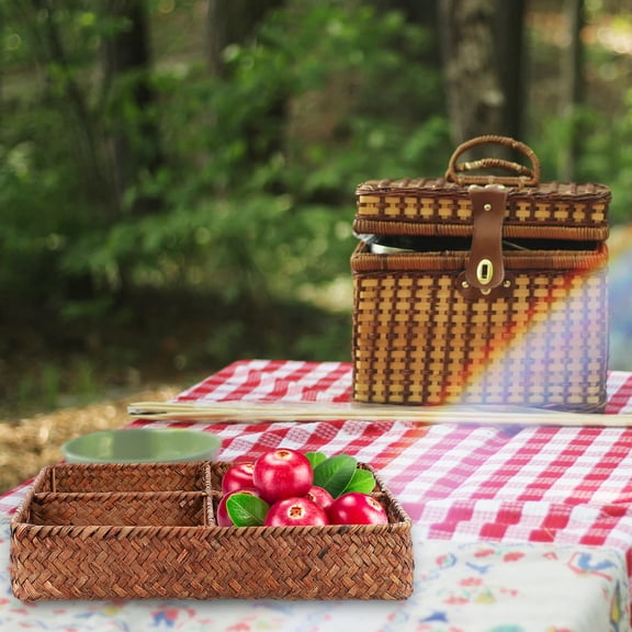 GAXIRE Khaki Rectangular Woven Storage Basket with Single Compartment, 11 x 11 x 2 Inches, Ideal for Home Organization and Decorative Use