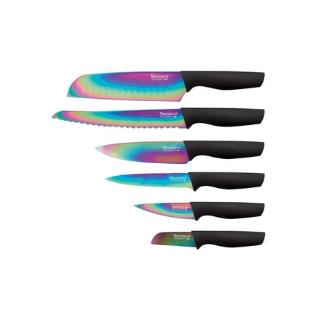 Solid Forged Contractors - Hampton Forge Tomodachi 6 Piece Knife Set - Titanium Coated Rainbow Blades with Colorful Handles - Kitchen Knives