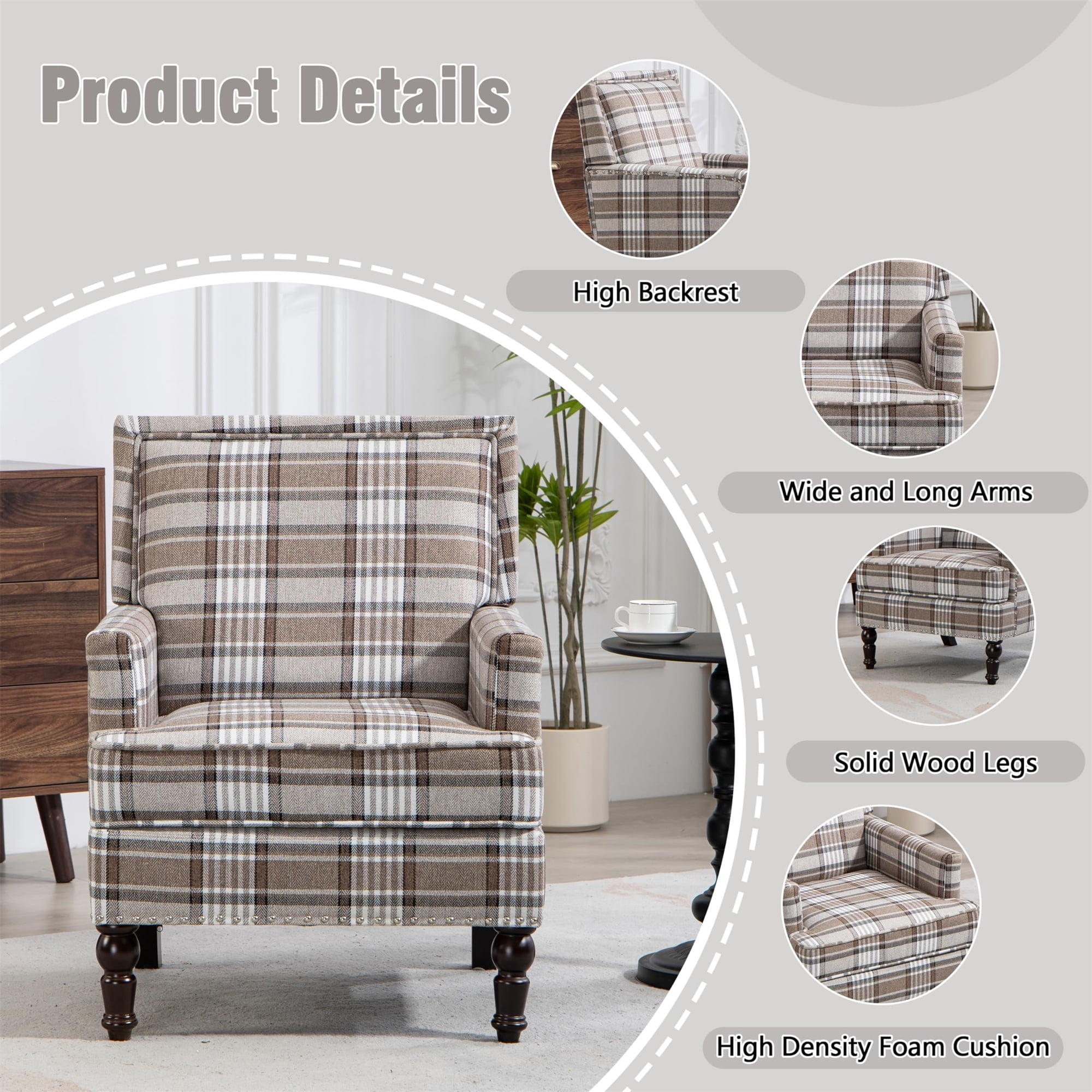 Aukfa Accent Chair Mid-Century Modern High Back Armchair Lounge for Living Room, Rivet Trim, Coffee