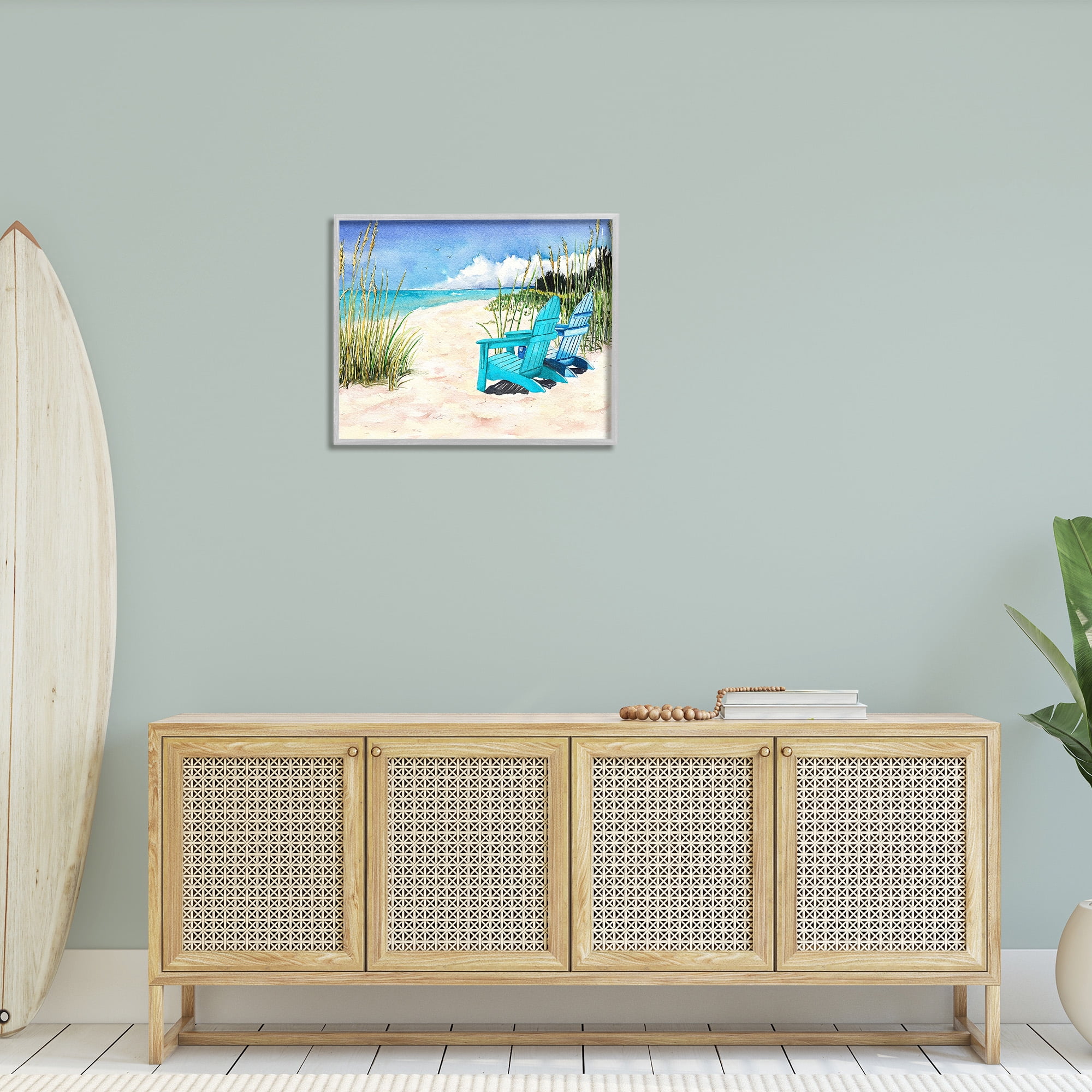 Stupell Industries Blue Beach Chairs Scene Landscape Painting Gray Framed Art Print Wall Art, 30 x 24