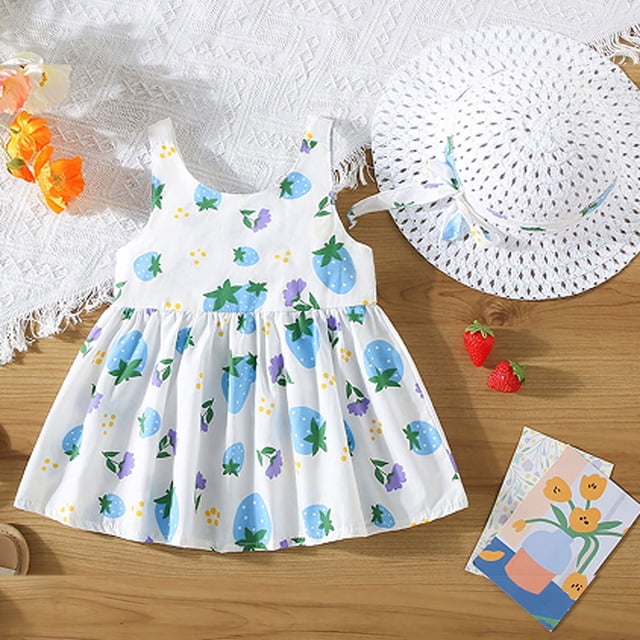 Robe Nouveau-Né Robe Bébé Fille Tutu Sans Manches Robes d'Été Filles avec Chapeaux 2 Pcs Robe Soleil Filles 80/6