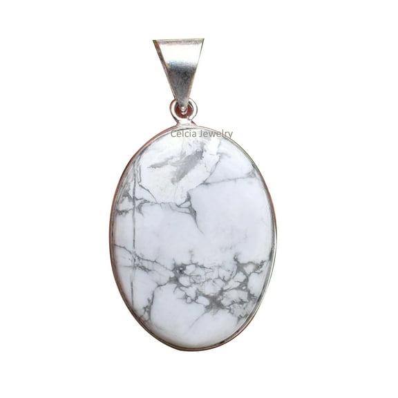 Solid 925 Sterling Silver Pendant For Women Men, Genuine Oval Howlite Cabochon White Gemstone Unique Handcrafted Pendant For Her Him