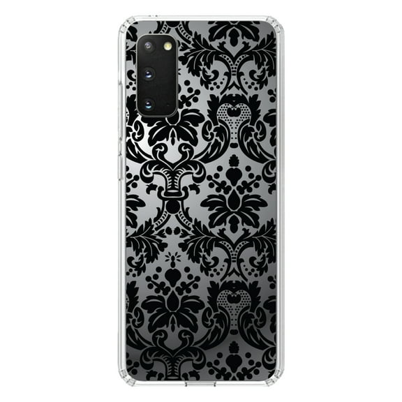 DistinctInk Clear Shockproof Hybrid Case for Galaxy S20 / S20 5G (6.2" Screen) - TPU Bumper, Acrylic Back, Tempered Glass Screen Protector - Silver Grey Black Damask - Floral Damask Pattern