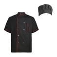 thumbnail image 1 of TopTie Veste de Chef Unisexe à Manches Courtes avec Chapeau Réglable-Noir avec Rouge-P, 1 of 5