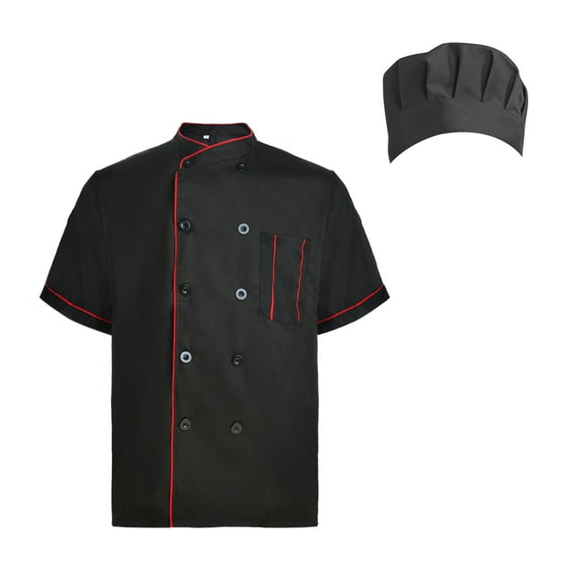 TopTie Unisex Short Sleeve Cooking Chef Coat Jacket with Adjustable Hat-black with red-XL