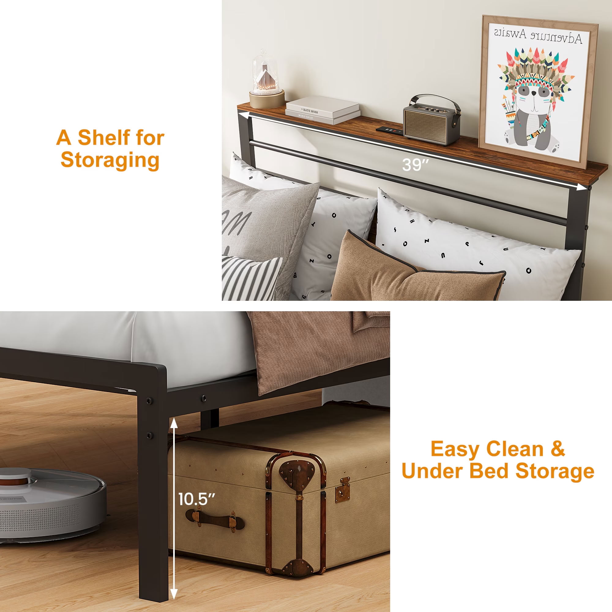 MAYEERTY Twin Bed Frame with Charging Station and Storage Headboard, Heavy Duty Metal Platform Bed for Bedroom, Dorm, No Box Spring Needed