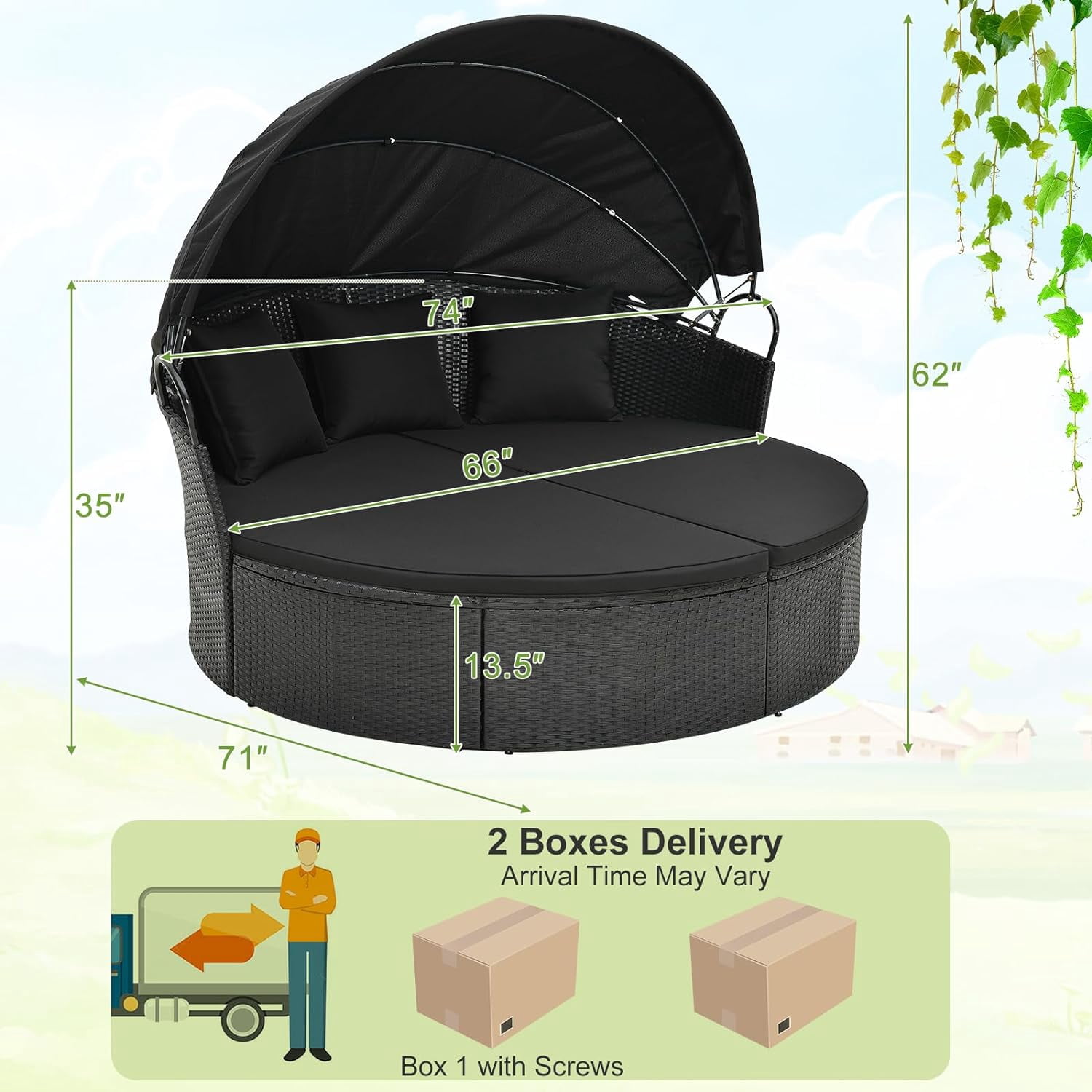 Gymax Patio Outdoor Round Wicker Daybed w/ Separate Seating Sofa, Retractable Canopy, 4 Cushion 3 Pillows Black