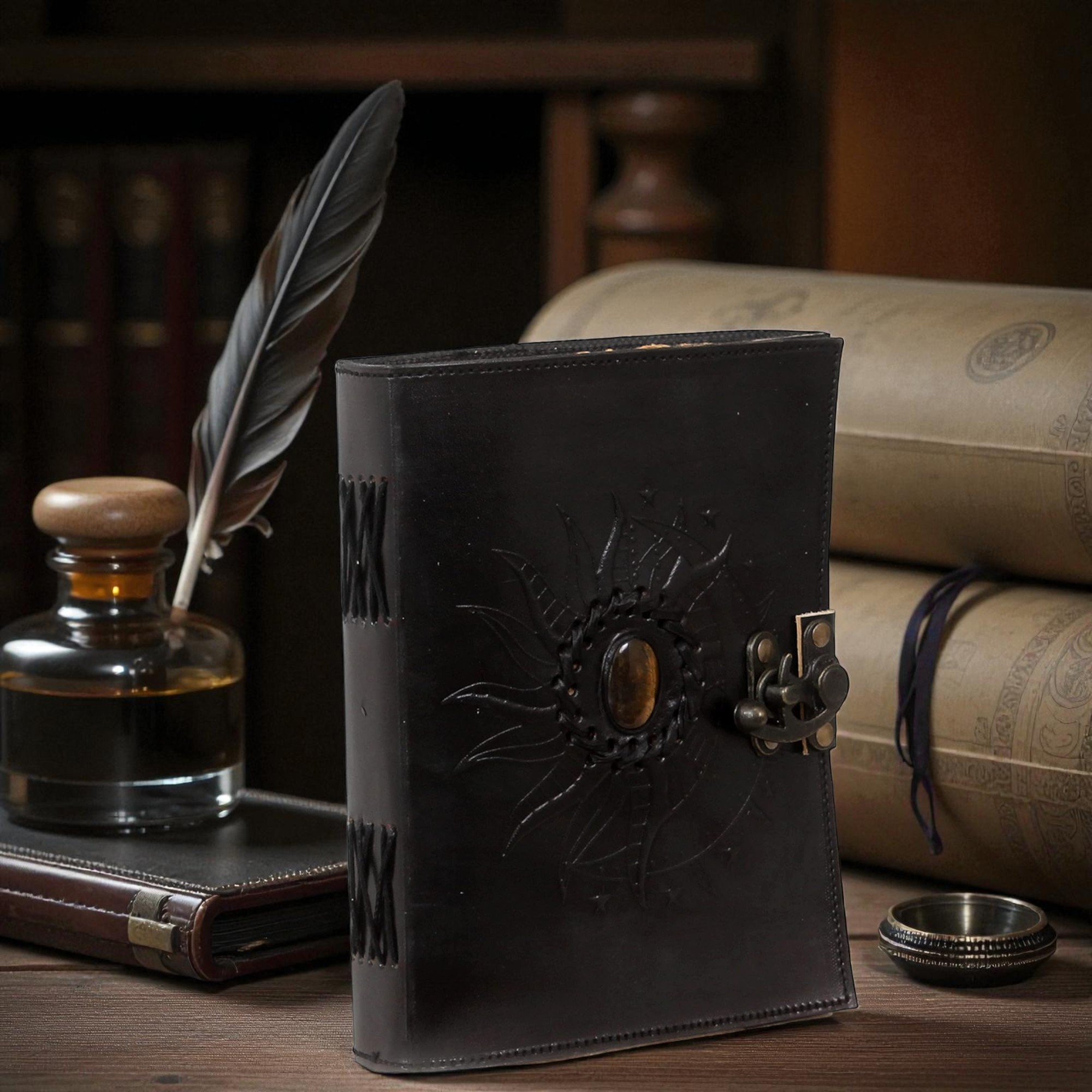 Handmade Black Leather Journal with Sun Embossed Design & Gemstone – 5x7 inch Vintage Notebook, 200 Deckle Edge Pages, Antique Metal Lock