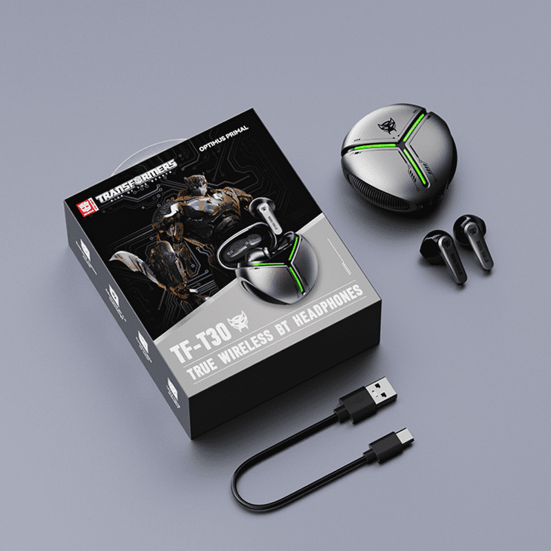Transformers TF-T30 Bluetooth TWS Wireless Earbuds with Energy Core Design Passive Noise Cancelling Semi-In-Ear Cool HiFi HD Calling Music Game Modes Low Latency Earphones – Gray Optimus Primal