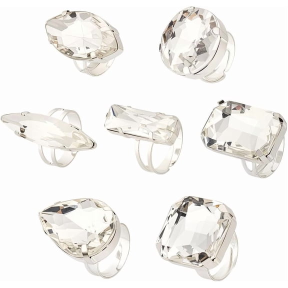 7Pcs Rhinestone Finger Rings Knuckle Rings Set Geometric Platinum Stackable Large Sparkling Rhinestone Ring Circle Drop-shaped Square Oval Jewelry Set for Women Gifts Gray