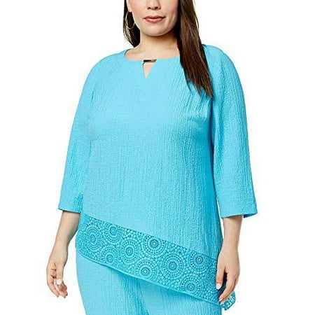 JM Collection Plus Size Crinkle Crochet-Hem Top (Reef Aqua, 1X)