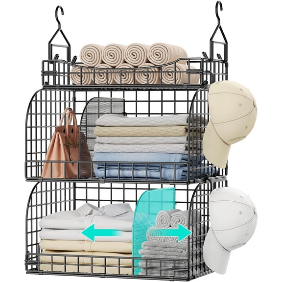 Hanging Closet Organizer Storage - 3 Tier Metal Stackable Hanging Closet Shelves with Dividers and S Hooks, Foldable Clothes Shelves for Clothes, Pants, Shoes, Coat, Hats Clutches Accessories