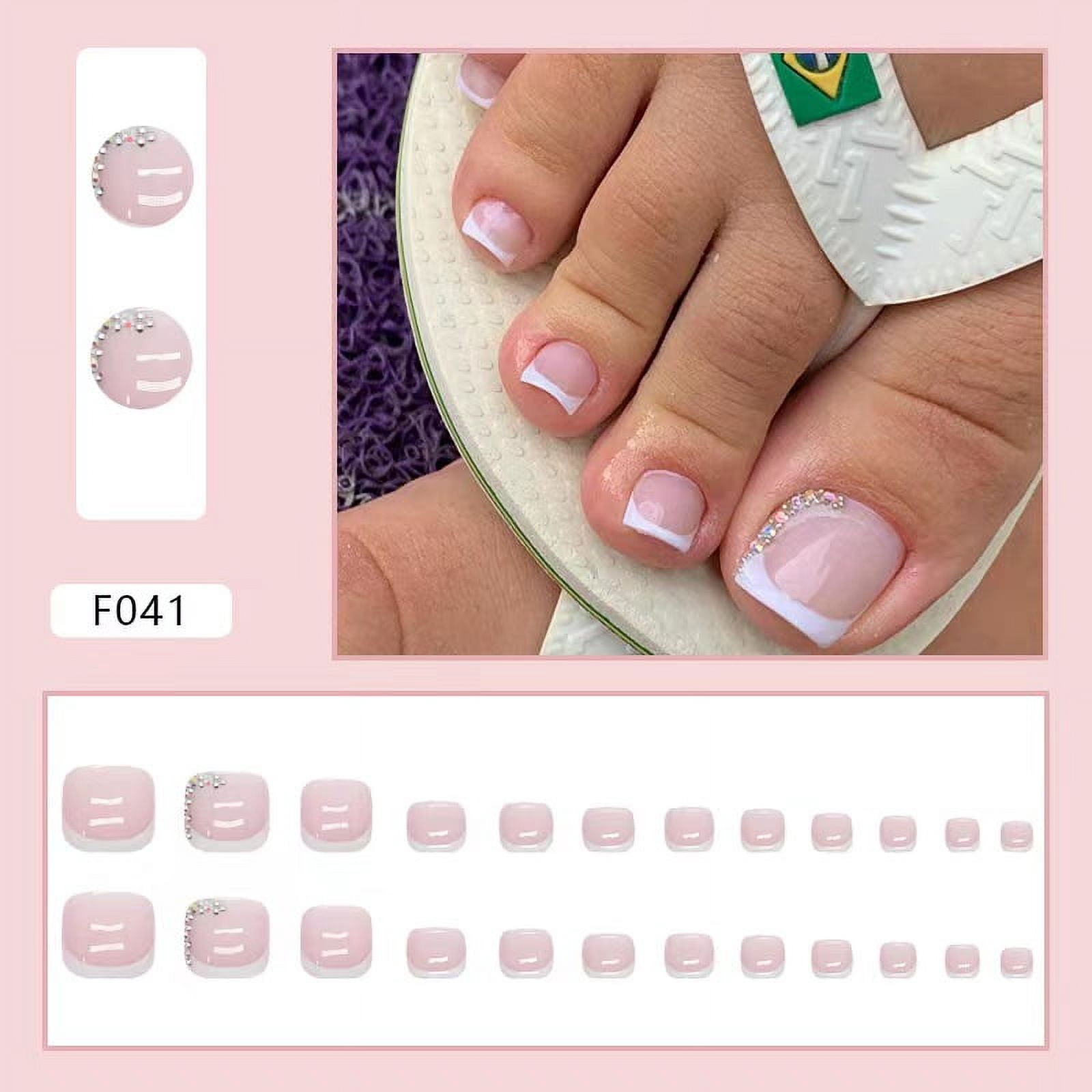 Rynn&Rae Press on Nail Fake French Toenail White Toe Nail Tip Acrylic Toenails Rhinestones Toes Nails Tips 24 ct/pk F41