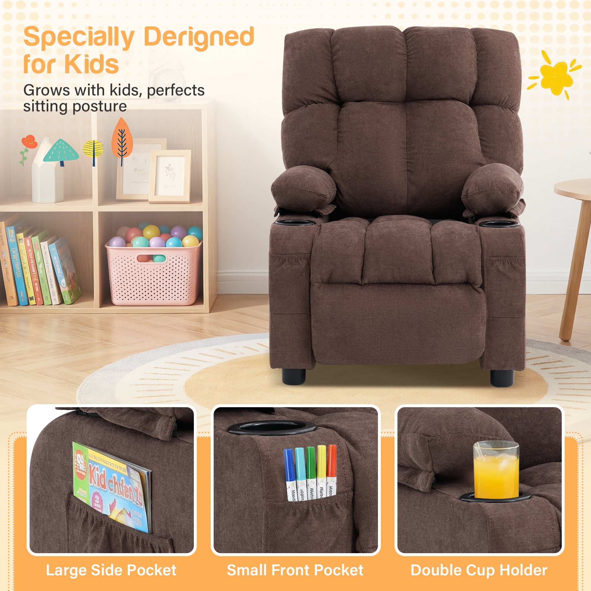 JONPONY Kids Recliner Chair,Push Back Toddler Recliner with Cup Holders & Side Pockets，Adjustable Footrest & Headrest Kids Sofa for Boys Girls 3+ Age Group，Children's Bedroom Furniture ，Brown