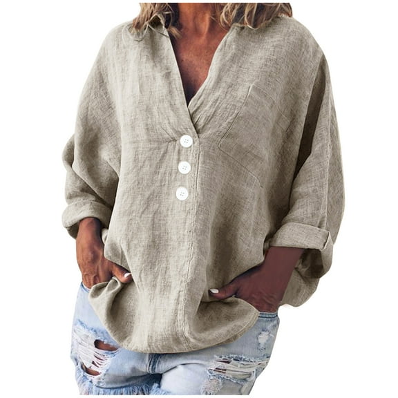 Womens Clearance under $10 2025 Clearance! asdoklhq Plus Size Long Blouses, Women Solid Casual Long Sleeve Pocket V-Neck Button Shirt Tops