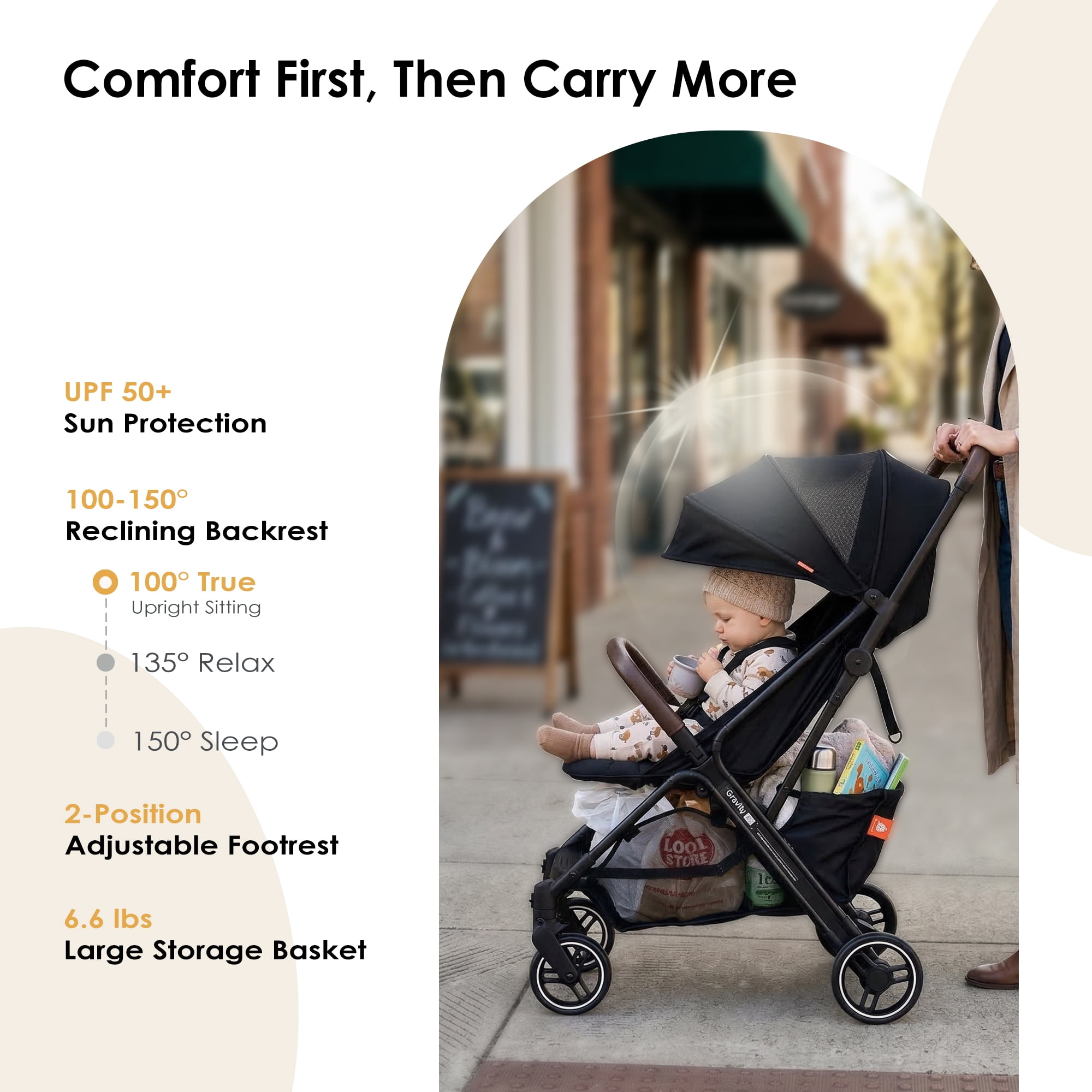 Portable Lightweight Baby Stroller for Travel, Toddler Stroller with Adjustable Backrest & Armrest, 6.6 lbs Storge Basket, Compact One-Handed Fold, Black
