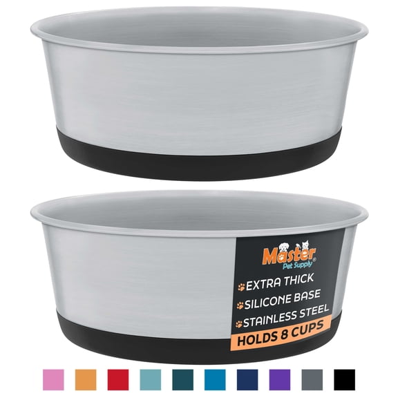 Master Pet Supply Stainless Steel Dog Bowls Set of 2 with Extra Thick Silicone Base - 8 Cup (64 oz) Black Velvet, Non-Slip, Dishwasher Safe Metal Bowls, Pet Dog Food Bowl for Dogs, Cats, Anti Rust