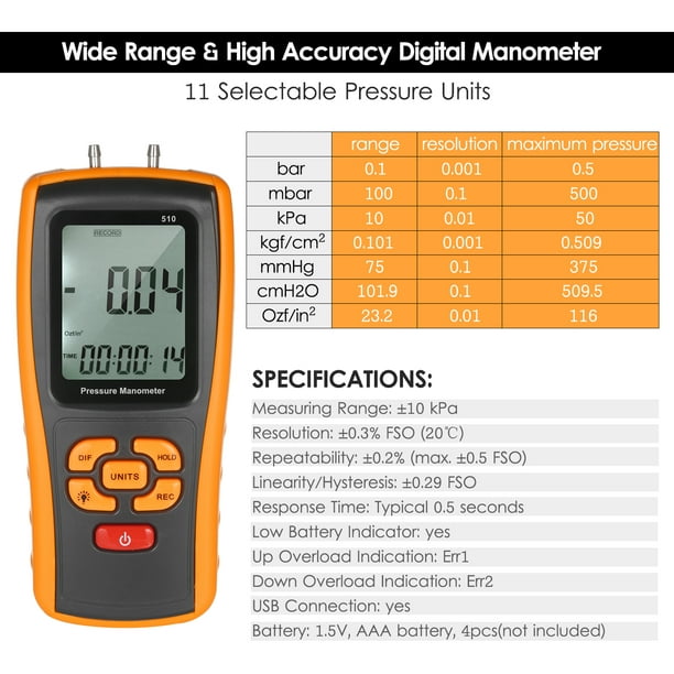 Manomètre numérique portable Professionnel Compteur de pression d'air  numérique et kit de manomètre différentiel