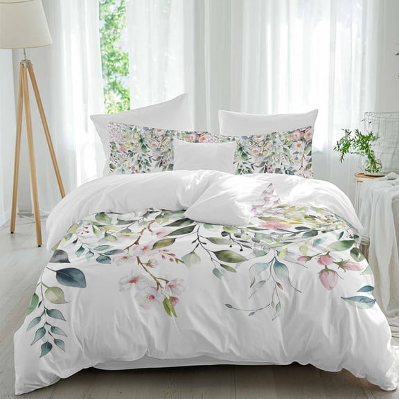 Floral Eucalyptus Leaf Queen Size Comforter Set, Vintage Pink Wild Flower Green Leaves Plant Bedding for All Seasons, 4 Pcs Bed Set, 1Quiltcover (90"x92") ,1Sheet(94"x116"), 2Pillowcases (30"x20")