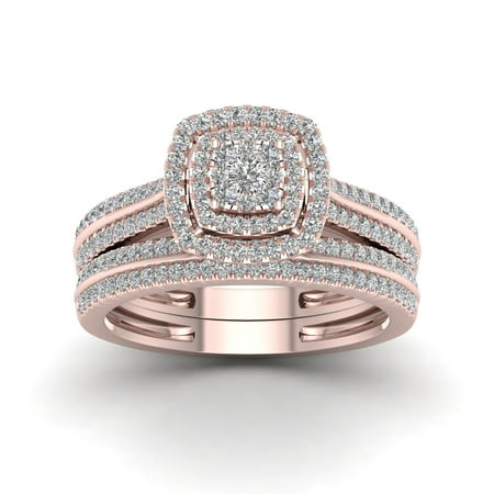 14k Rose Gold 1/2ct TDW Diamond Cluster Halo Bridal Set - Pink