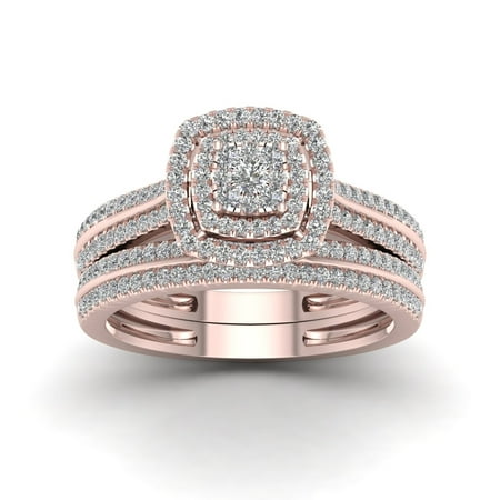 Pink Topaz Cluster - 14k Rose Gold 1/2ct TDW Diamond Cluster Halo Bridal Set - Pink