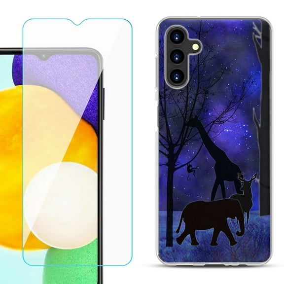Slim-Fit TPU Fashion Phone Case for Samsung Galaxy A13 5G, with Tempered Glass Screen Protector, by OneToughShield ® - Midnight Safari